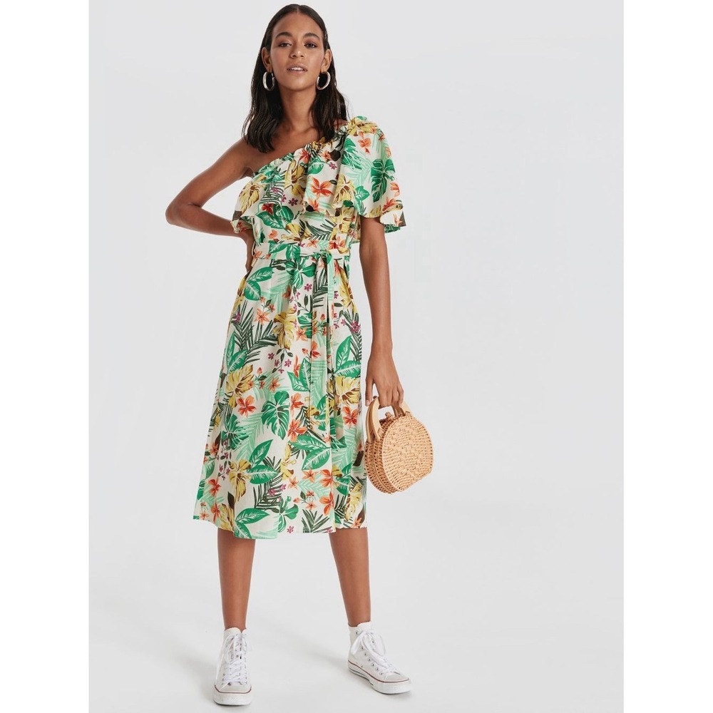 NWT LCW Casual Waikiki Tropical Birds One Shoulder Linen Blend Dress‎ Size XXL
